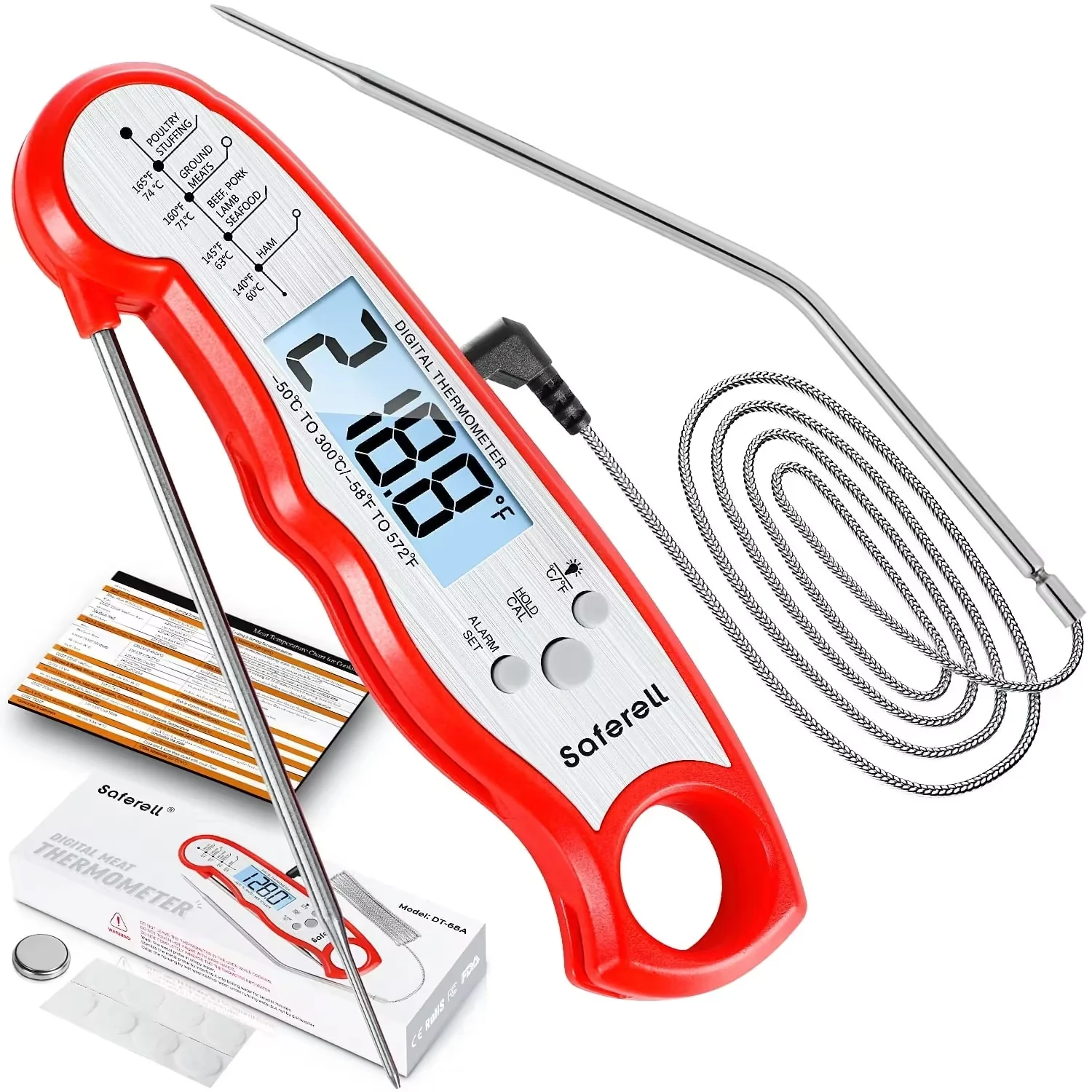 Meat Thermometer for Cooking, Saferell 2-in-1 Instant Read Food Thermometer with Foldable Probe & Oven Safe Wired Probe, Backlight, and Magnet for Deep Fry, BBQ, Grill and Roast Turkey