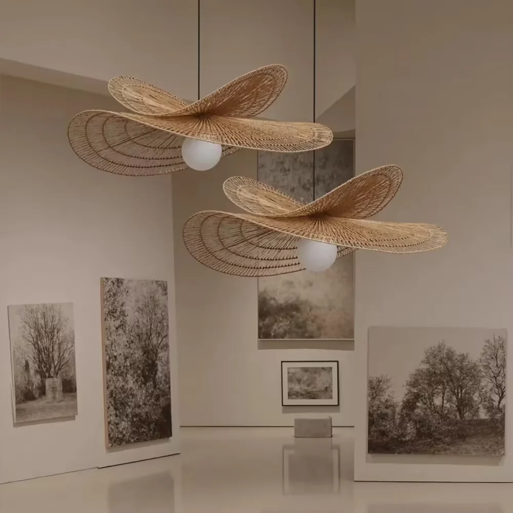 Arturesthome Vintage Handmade Rattan Woven Creative Double-Layer Straw Hat Pendant Light
